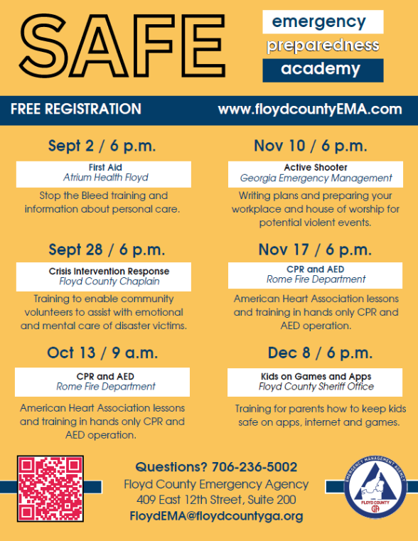 Emergency Preparedness Academy flyer with a schedule of classes for the winter 2026.